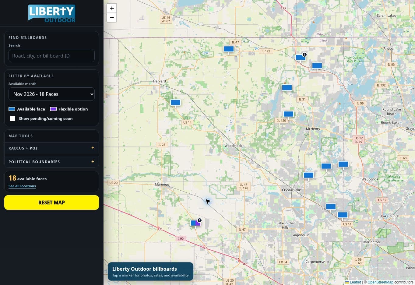 Liberty Outdoor inventory map showing available billboard faces
