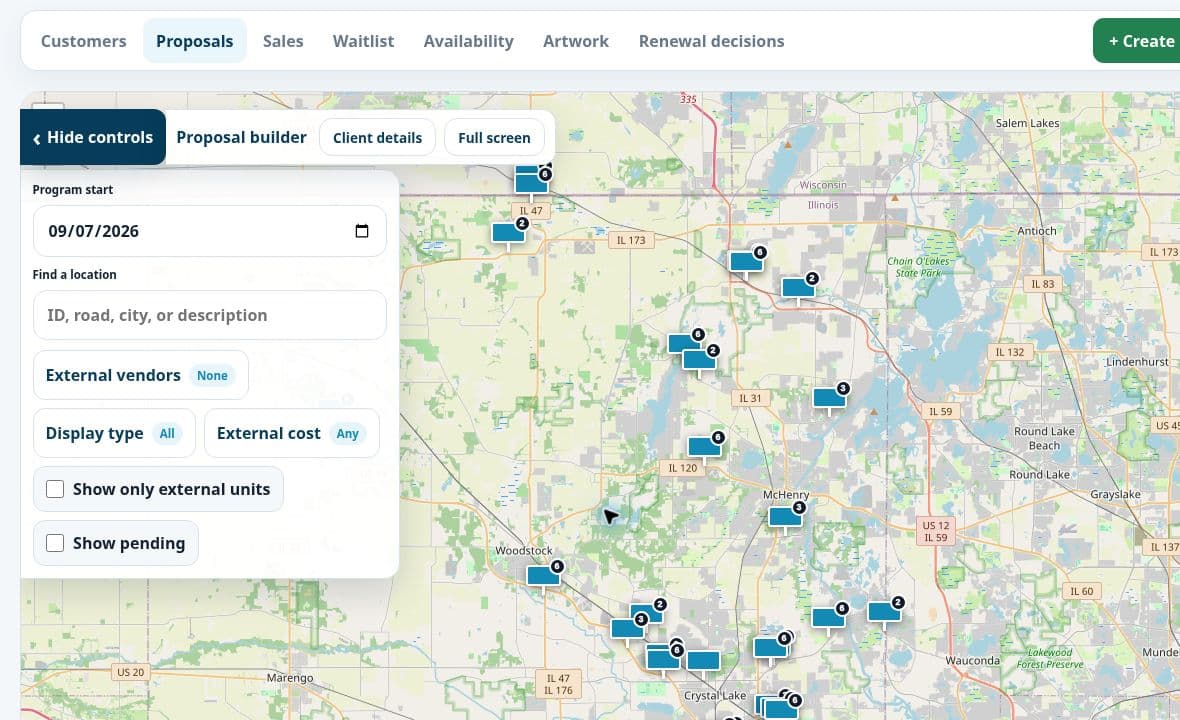 Liberty Outdoor proposal builder with map and inventory controls